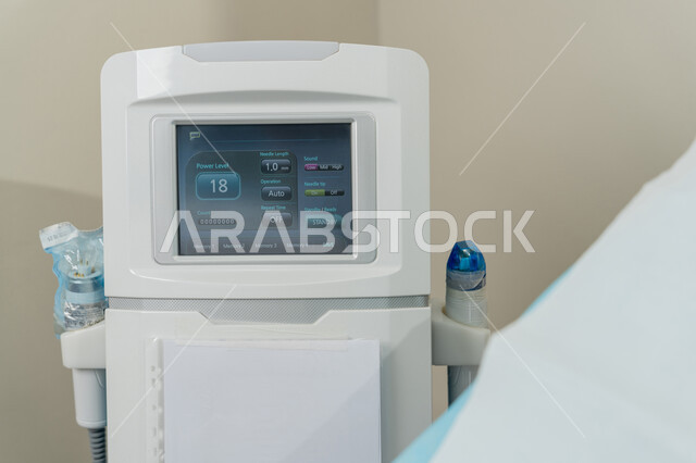 حجره مجهزه بالأدوات الطبيه الحديثه، صورة مقربة لشاشة جهاز طبي تعرض معلومات وبيانات لعلاج المرضى, استخدام التقنيه والتكنولوجيا في العيادات والمراكز الصحيه المتطوره، غرفه حديثه للفحص والتشخيص في مستشفى الامارات العربية المتحدة