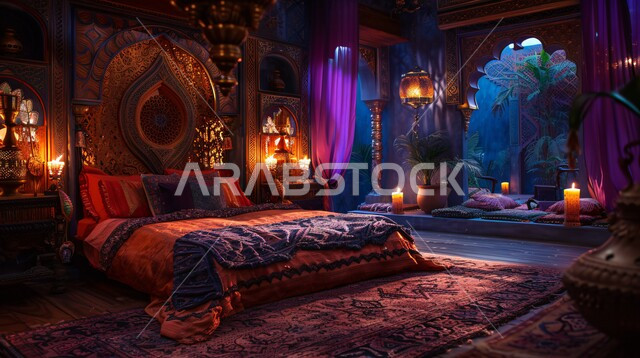 مفهوم الراحة والاسترخاء ،فوانيس معدنيه مضيئه معلقه ، غرفة نوم بأثاث أنيق والوان الشموع  الهادئة، شقق وفلل سكنية، أثاث منزلي داخلي وأنيق،  الاطلالة المتميزة على الطبيعة, فن التصميم والديكورات المتطورة