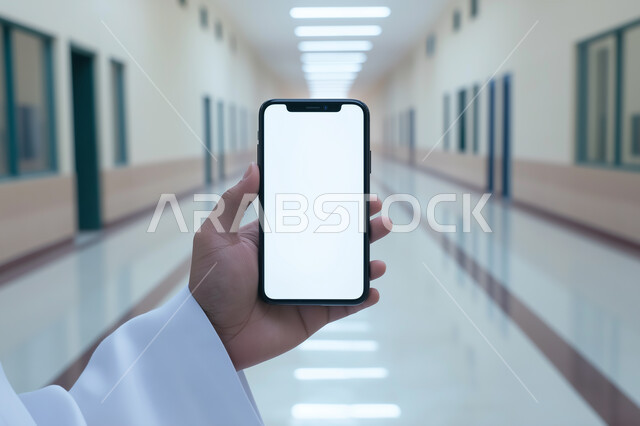 التواصل مع الاصدقاء وشركاء العمل عبر الهاتف المحمول، اجراء مكالمة فيديو مع الاهل والاقارب ومناقشة أمر ما، بث مباشر عبر الانترنت، استخدام التقنيات الحديثة والتكنولوجيا، صورة مقربة لأيدي شاب عربي سعودي خليجي يرتدي الثوب التقليدي يحمل بيده الموبايل 