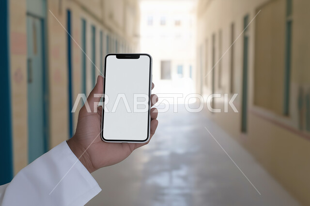 التواصل مع الاصدقاء وشركاء العمل عبر الهاتف المحمول، اجراء مكالمة فيديو مع الاهل والاقارب ومناقشة أمر ما، بث مباشر عبر الانترنت، استخدام التقنيات الحديثة والتكنولوجيا، صورة مقربة لأيدي شاب عربي سعودي خليجي يرتدي الثوب التقليدي يحمل بيده الموبايل 