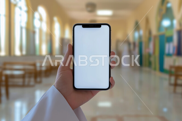 التواصل مع الاصدقاء وشركاء العمل عبر الهاتف المحمول، اجراء مكالمة فيديو مع الاهل والاقارب ومناقشة أمر ما، بث مباشر عبر الانترنت، استخدام التقنيات الحديثة والتكنولوجيا، صورة مقربة لأيدي شاب عربي سعودي خليجي يرتدي الثوب التقليدي يحمل بيده الموبايل 
