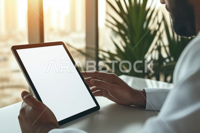 Technical applications for tablets, accomplishing work tasks remotely, using modern and advanced devices and technologies, a close-up image of the hands of a Saudi Arabian Gulf man wearing traditional clothing and holding a tablet, online shopping, browsing social networking sites