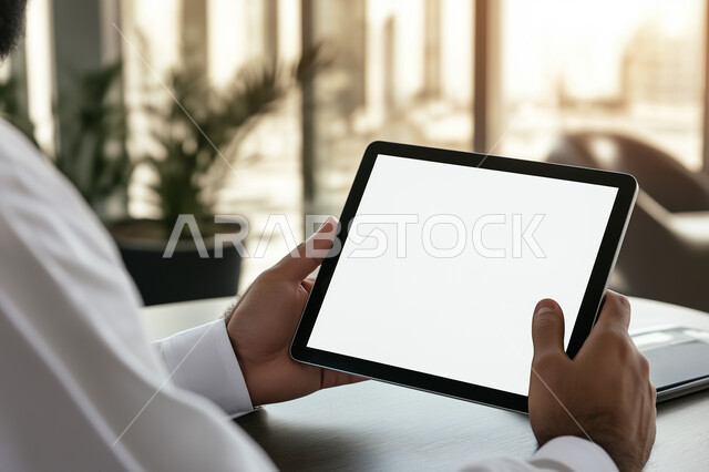 Technical applications for tablets, accomplishing work tasks remotely, using modern and advanced devices and technologies, a close-up image of the hands of a Saudi Arabian Gulf man wearing traditional clothing and holding a tablet, online shopping, browsing social networking sites