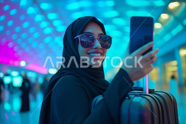 الاستعداد لقضاء العطلة الصيفية، صورة مقربة لإمرآة عربية خليجية سعودية محجبة ترتدي العباءة السوداء تحمل بيدها هاتفها المحمول وتلتقط صورة سيلفي تذكارية وأمامها حقيبة سفر، رحلات سياحة وسفر، الاستمتاع بوقت ممتع، وسائل مواصلات جوية
