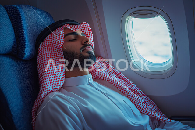 ايماءات تدل على النوم والاسترخاء، الشعور بالارهاق والتعب، رحلات السياحة والسفر, رجل عربي خليجي سعودي يرتدي الثوب التقليدي مع الشماغ يجلس في مقصورة الطائرة، وسائل مواصلات جوية، خطوط الطيران الجوية السعودية