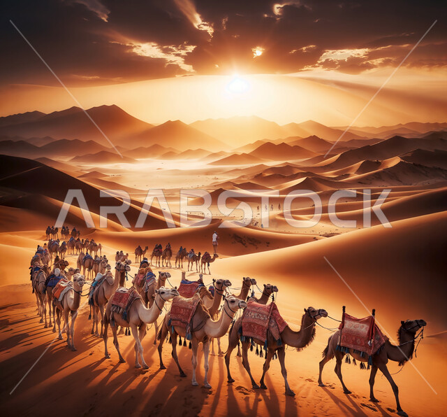 قافلة من الجمال تسير في صحراء المملكة العربية السعودية, الكثبان و التلال الرملية الكثيفة, منظر الرمال الذهبية الناعمة تحت أشعة الشمس, الطبيعة و البيئة الصحراوية الجافة, تربية المواشي و الثدييات في المحميات الطبيعية, مزارع للرعاية و الاهتمام بالابل
