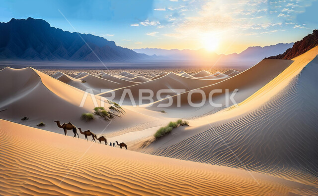 A caravan of camels walking in the desert of Saudi Arabia, dense sand dunes and hills, the view of soft golden sand under the sun, nature and dry desert environment, raising livestock and mammals in nature reserves, farms for the care and attention of camels