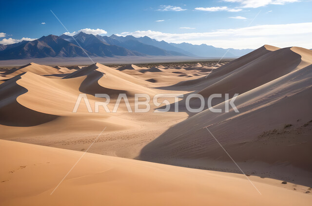 الكثبان و التلال الرملية الكثيفة, منظر الرمال الذهبية الناعمة تحت أشعة الشمس, الطبيعة و البيئة الصحراوية الجافة, المناظر الطبيعية في صحاري الخليج العربي, التشكيلات و التضاريس في صحراء المملكة العربية السعودية