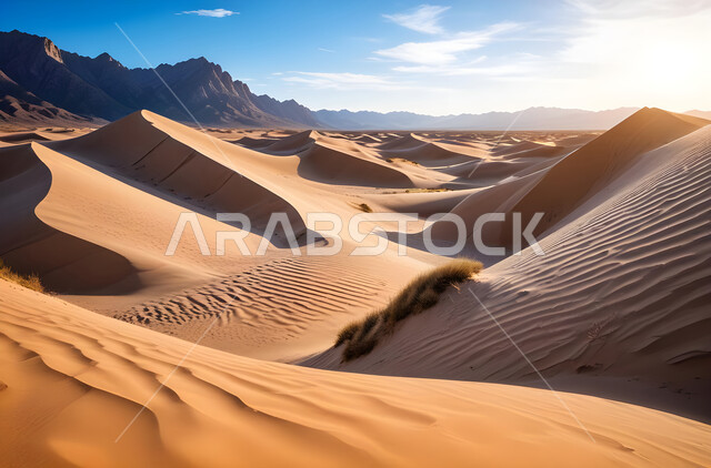 الكثبان و التلال الرملية الكثيفة, منظر الرمال الذهبية الناعمة تحت أشعة الشمس, الطبيعة و البيئة الصحراوية الجافة, المناظر الطبيعية في صحاري الخليج العربي, التشكيلات و التضاريس في صحراء المملكة العربية السعودية