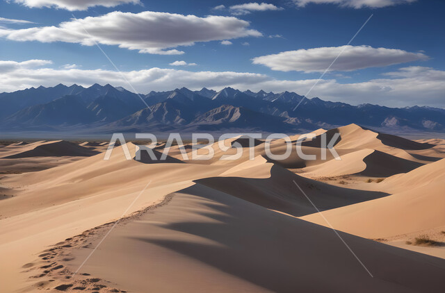 Formations and terrains in the desert of Saudi Arabia, dense sand dunes and hills, view of soft golden sand under the sun, nature and dry desert environment, landscapes in the deserts of the Arabian Gulf