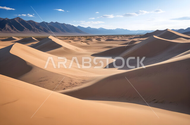 Formations and terrains in the desert of Saudi Arabia, dense sand dunes and hills, view of soft golden sand under the sun, nature and dry desert environment, landscapes in the deserts of the Arabian Gulf