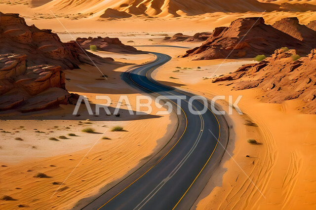 طريق اسفلتي سريع في الصحراء, التشكيلات و التضاريس في صحاري المملكة العربية السعودية, الكثبان و التلال الرملية الكثيفة, منظر الرمال الذهبية الناعمة تحت أشعة الشمس, الطبيعة و البيئة الصحراوية الجافة