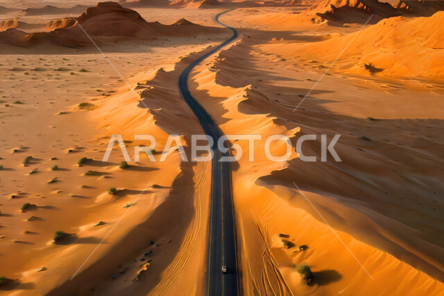 طريق اسفلتي سريع في الصحراء, التشكيلات و التضاريس في صحاري المملكة العربية السعودية, الكثبان و التلال الرملية الكثيفة, منظر الرمال الذهبية الناعمة تحت أشعة الشمس, الطبيعة و البيئة الصحراوية الجافة