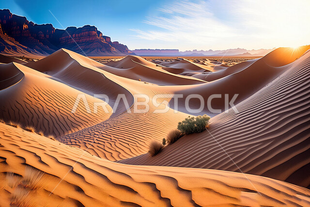 Formations and terrains in the desert of Saudi Arabia, dense sand dunes and hills, view of soft golden sand under the sun, nature and dry desert environment, landscapes in the deserts of the Arabian Gulf