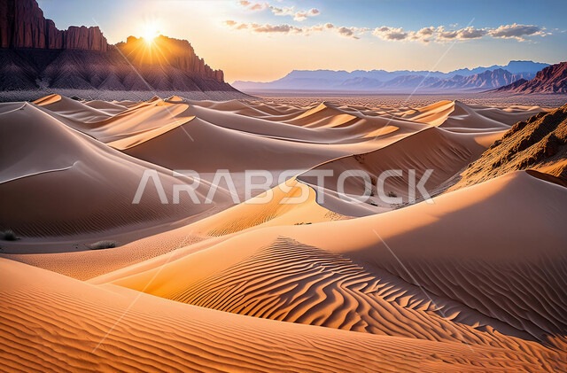 التشكيلات و التضاريس في صحراء المملكة العربية السعودية, الكثبان و التلال الرملية الكثيفة, منظر الرمال الذهبية الناعمة تحت أشعة الشمس, الطبيعة و البيئة الصحراوية الجافة, المناظر الطبيعية في صحاري الخليج العربي