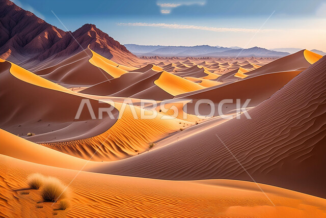 التشكيلات و التضاريس في صحراء المملكة العربية السعودية, الكثبان و التلال الرملية الكثيفة, منظر الرمال الذهبية الناعمة تحت أشعة الشمس, الطبيعة و البيئة الصحراوية الجافة, المناظر الطبيعية في صحاري الخليج العربي