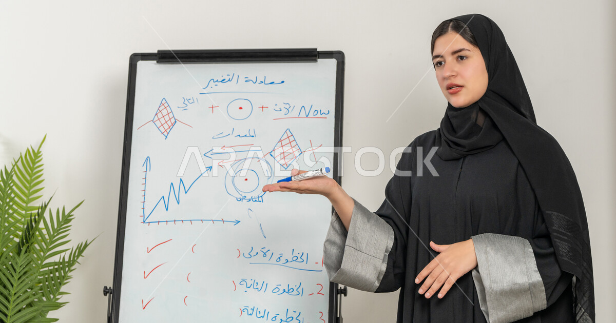 Explaining the steps to achieve goals, a Saudi trainer using a ...