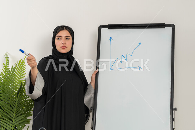 مشاركة النساء في المجالات العملية, توضيح الخطوات لتحقيق الأهداف، مدربة سعودية تستخدم السبورة لسهولة الشرح، صورة مقربة لإمرأة عربية خليجية إماراتية ترتدي الحجاب والعباءة تقوم بورشات عمل تدريبية مهنية داخل مقر الشركة, تطوير استراتيجيات شركات الإمارات العربية المتحدة