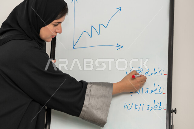 مدربة سعودية تستخدم السبورة لسهولة الشرح، ورشات عمل تدريبية مهنية، صورة مقربة لإمرأة عربية خليجية إماراتية ترتدي الحجاب والعباءة تقوم بتوضيح الخطوات لتحقيق الأهداف داخل مقر الشركة, تطوير استراتيجيات شركات الإمارات العربية المتحدة، تعلم اساليب العمل والتطوير المهني