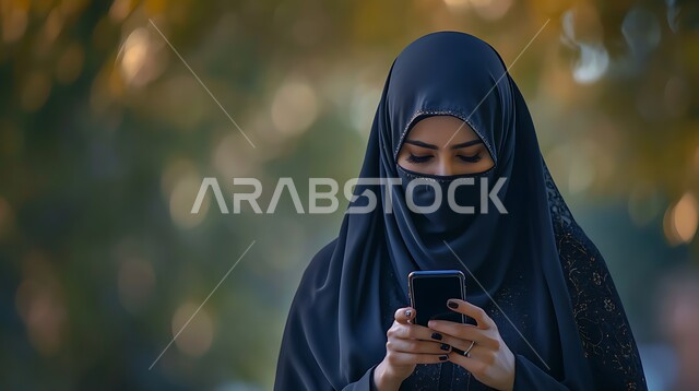 Using modern technology devices for entertainment and fun, communicating with friends and family, browsing social media, close-up photo of a veiled Saudi Arabian Gulf woman wearing a black abaya holding a mobile phone in her hand