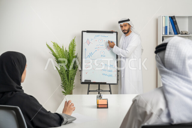 استخدام السبورة لتوضيح الأفكار، وضع الخطط الاستراتيجية لتحقيق الأهداف، مجموعة من الموظفين العرب الخليجيين الاماراتيين يعقدون اجتماع داخل مقر الشركة، تعلم اساليب العمل والتطوير المهني، مهن ووظائف ادارية مكتبية، العمل الجماعي وروح الفريق، مفهوم الإدارة المتعاونة