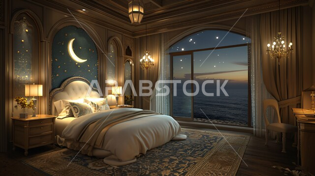 الواجهات الزجاجيه المطله على المحيط في الليل ، أثاث منزلي راقي وأنيق، غرف بتصاميم داخلية عصرية فاخرة، شقق وفلل سكنية بديكورات متطورة، سرير ووسائد مريحة، تصميم داخلي لغرفة نوم بأسلوب حديث، فنون الهندسة المعمارية، فنادق ومنتجعات حديثة