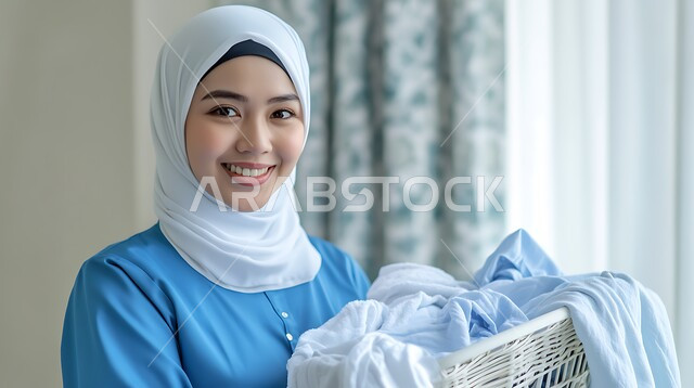 Doing daily cleaning and organizing, routine household tasks, women's jobs and professions in Saudi Arabia, recruiting foreign workers, close-up photo of a veiled cleaning lady wearing the work uniform carrying a laundry basket in her hands