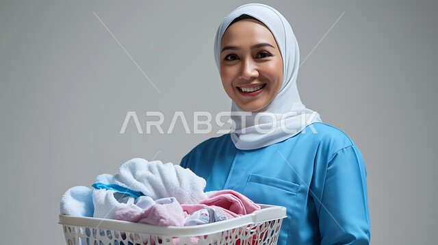 مهن و وظائف نسائية في السعودية, استقدام العمالة الأجنبية, المهام المنزلية الروتينية, القيام بأعمال التنظيف و الترتيب اليومية, بورتريه مقرب لعاملة نظافة محجبة ترتدي الزي الخاص بالعمل تحمل بيديها سلة الغسيل, خلفية رمادية