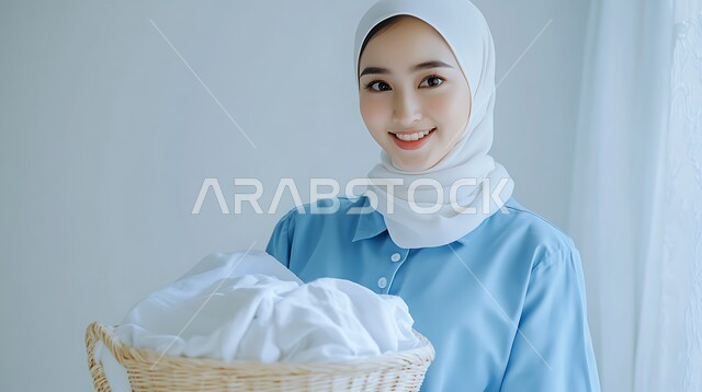 مهن و وظائف نسائية في السعودية, استقدام العمالة الأجنبية, المهام المنزلية الروتينية, القيام بأعمال التنظيف و الترتيب اليومية, بورتريه مقرب لعاملة نظافة محجبة ترتدي الزي الخاص بالعمل تحمل بيديها سلة الغسيل, خلفية رمادية