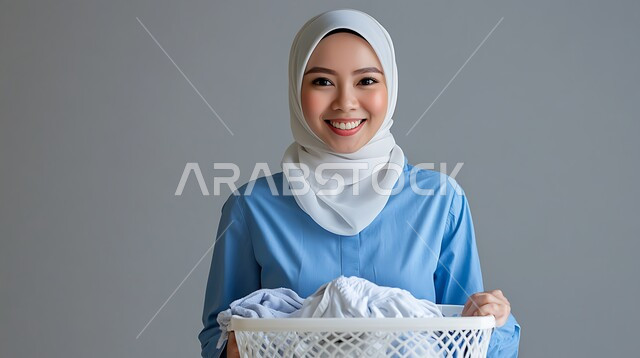 Routine household tasks, women's jobs and professions in Saudi Arabia, recruitment of foreign workers, doing daily cleaning and organizing tasks, close-up portrait of a veiled cleaning lady wearing a work uniform carrying a laundry basket in her hands, gray background