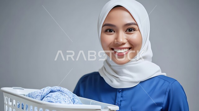 Routine household tasks, women's jobs and professions in Saudi Arabia, recruitment of foreign workers, doing daily cleaning and organizing tasks, close-up portrait of a veiled cleaning lady wearing a work uniform carrying a laundry basket in her hands, gray background