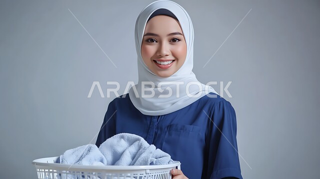 المهام المنزلية الروتينية, مهن و وظائف نسائية في السعودية, استقدام العمالة الأجنبية, القيام بأعمال التنظيف و الترتيب اليومية, بورتريه مقرب لعاملة نظافة محجبة ترتدي الزي الخاص بالعمل تحمل بيديها سلة الغسيل, خلفية رمادية