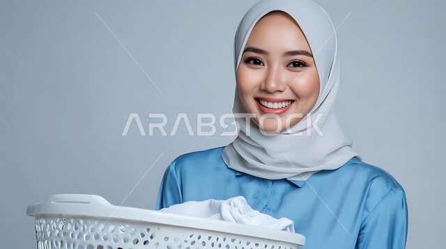 المهام المنزلية الروتينية, مهن و وظائف نسائية في السعودية, استقدام العمالة الأجنبية, القيام بأعمال التنظيف و الترتيب اليومية, بورتريه مقرب لعاملة نظافة محجبة ترتدي الزي الخاص بالعمل تحمل بيديها سلة الغسيل, خلفية رمادية