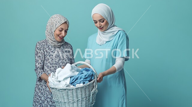 القيام بأعمال التنظيف و الترتيب اليومية, المهام المنزلية الروتينية, مهن و وظائف نسائية في السعودية, استقدام العمالة الأجنبية, بورتريه لعاملة نظافة محجبة ترتدي الزي الخاص بالعمل تقف بجانب امرأة عربية خليجية سعودي مسنة و تحمل بيديها سلة الغسيل, خلفية خضراء