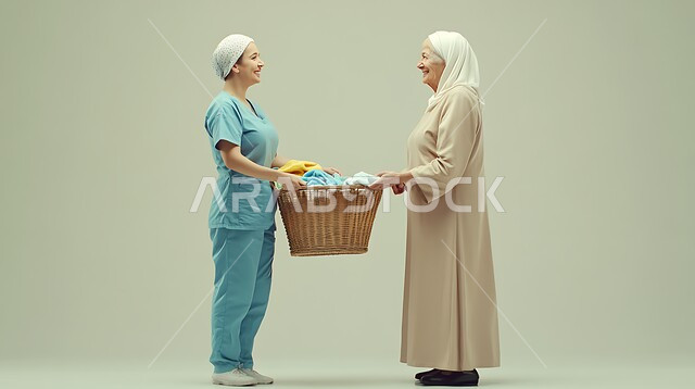 القيام بأعمال التنظيف و الترتيب اليومية, المهام المنزلية الروتينية, استقدام العمالة الأجنبية, بورتريه لعاملة نظافة محجبة ترتدي الزي الخاص بالعمل تقف أمام امرأة عربية خليجية سعودية و تحمل بيديها سلة الغسيل, الجسم بالطول الكامل, خلفية بيج