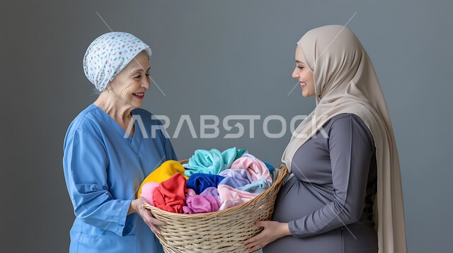 القيام بأعمال التنظيف والترتيب اليومية, المهام المنزلية الروتينية, مهن ووظائف نسائية في السعودية, استقدام العمالة الأجنبية, بورتريه مقرب لعاملة نظافة مسنة ترتدي زي العمل تقف أمام إمرأة عربية خليجية سعودية محجبة وتحمل بيديها سلة الغسيل, خلفية رمادية