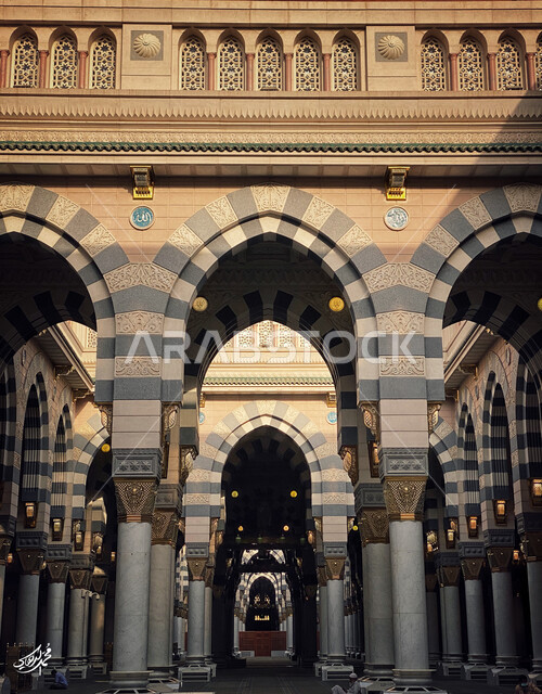Entrance gates of the Prophet's Mosque, the second holiest mosque in Islam in Medina, the interior design of the Prophet's Mosque, the beauty of Islamic art on concrete pillars, Saudi Arabia