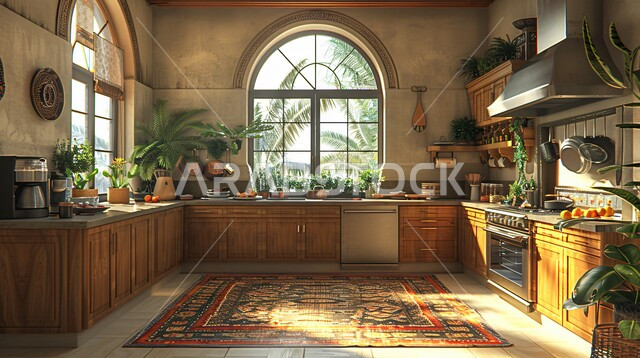  استخدام الطراز الفني الراقي في الأثاث المنزلي ،واجهة زجاجية مطلة على الطبيعة الخضراء داخل مطبخ بديكورات داخلية عصرية فاخرة، شقق وفلل سكنية في المملكة العربية السعودية