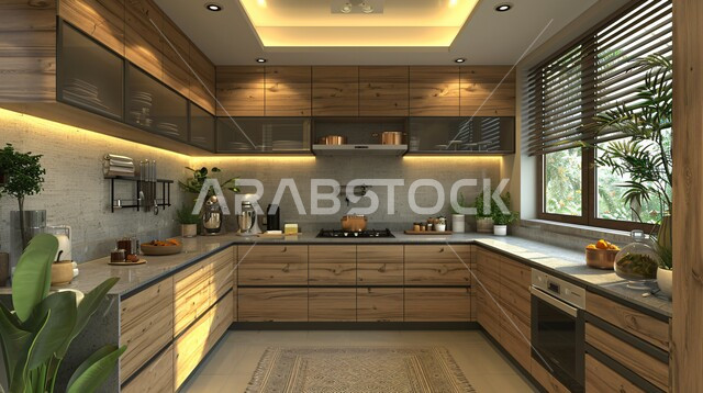 استخدام الطراز الفني الراقي في الأثاث المنزلي ، واجهة زجاجية مطلة على الطبيعة الخضراء داخل مطبخ بديكورات داخلية عصرية فاخرة، شقق وفلل سكنية في المملكة العربية السعودية