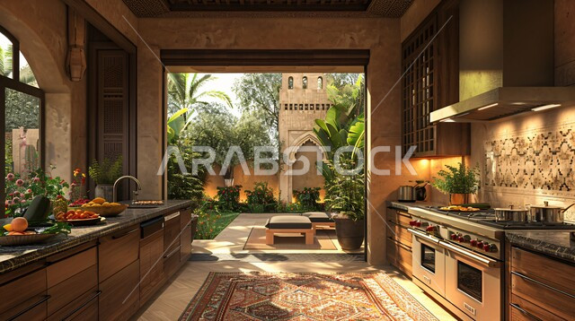 استخدام الطراز الفني الراقي في الأثاث المنزلي ، واجهة زجاجية مطلة على الطبيعة الخضراء داخل مطبخ بديكورات داخلية عصرية فاخرة، شقق وفلل سكنية في المملكة العربية السعودية