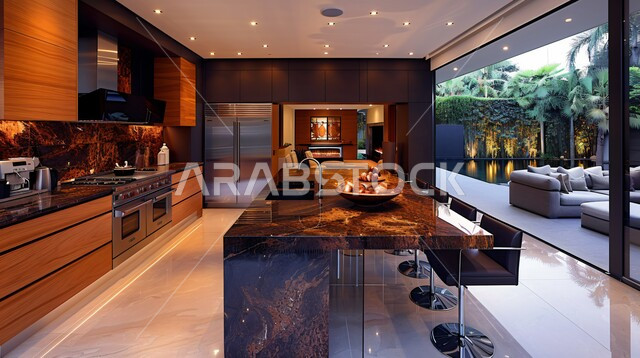 واجهة زجاجية مطلة على الطبيعة الخضراء داخل مطبخ بديكورات داخلية عصرية فاخرة،  شقق وفلل سكنية في المملكة العربية السعودية، استخدام الطراز الفني الراقي في الأثاث المنزلي