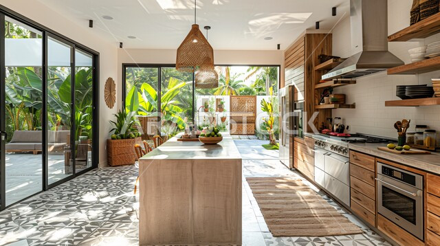  واجهة زجاجية مطلة على الطبيعة الخضراء داخل مطبخ بديكورات داخلية عصرية فاخرة، شقق وفلل سكنية في المملكة العربية السعودية، استخدام الطراز الفني الراقي في الأثاث المنزلي