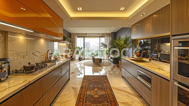  واجهة زجاجية مطلة على الطبيعة الخضراء داخل مطبخ بديكورات داخلية عصرية فاخرة، شقق وفلل سكنية في المملكة العربية السعودية، استخدام الطراز الفني الراقي في الأثاث المنزلي