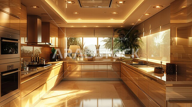 استخدام الطراز الفني الراقي في الأثاث المنزلي ، واجهة زجاجية مطلة على الطبيعة الخضراء داخل مطبخ بديكورات داخلية عصرية فاخرة، شقق وفلل سكنية في المملكة العربية السعودية