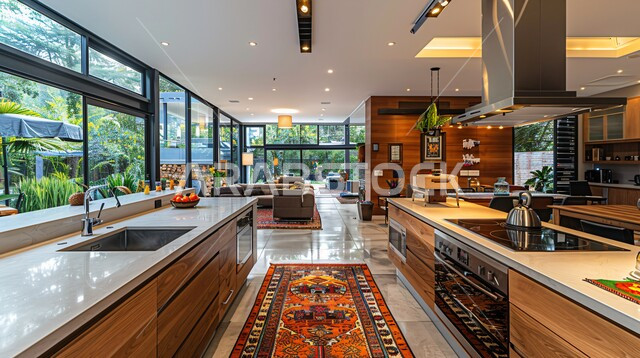  واجهة زجاجية مطلة على الطبيعة الخضراء داخل مطبخ بديكورات داخلية عصرية فاخرة، شقق وفلل سكنية في المملكة العربية السعودية، استخدام الطراز الفني الراقي في الأثاث المنزلي