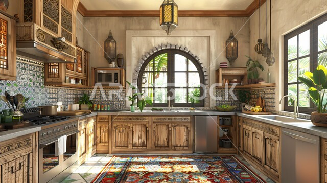 Glass facade overlooking the green nature inside a kitchen with luxurious modern interior decorations, residential apartments and villas in the Kingdom of Saudi Arabia, using high-end artistic style in home furniture