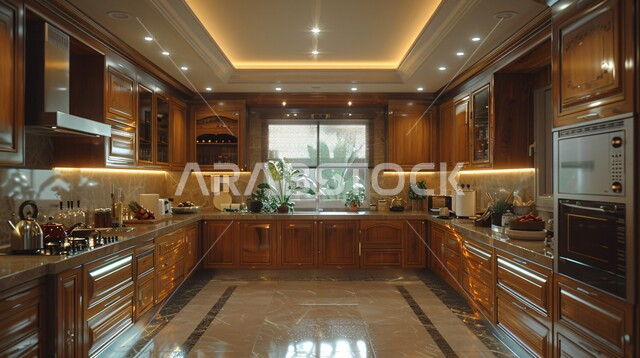  استخدام الطراز الفني الراقي في الأثاث المنزلي ، واجهة زجاجية مطلة على الطبيعة الخضراء داخل مطبخ بديكورات داخلية عصرية فاخرة، شقق وفلل سكنية في المملكة العربية السعودية