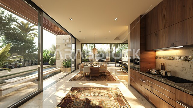  واجهة زجاجية مطلة على الطبيعة الخضراء داخل مطبخ بديكورات داخلية عصرية فاخرة، شقق وفلل سكنية في المملكة العربية السعودية، استخدام الطراز الفني الراقي في الأثاث المنزلي