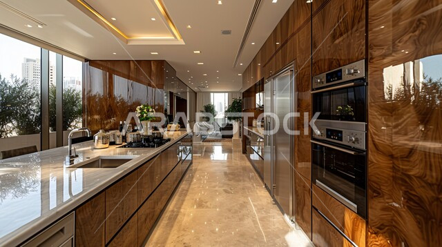 استخدام الطراز الفني الراقي في الأثاث المنزلي ، شقق وفلل سكنية في المملكة العربية السعودية، واجهة زجاجية مطلة على الطبيعة الخضراء داخل مطبخ بديكورات داخلية عصرية فاخرة