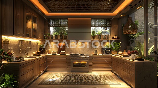Using high-end artistic style in home furniture, residential apartments and villas in the Kingdom of Saudi Arabia, a glass facade overlooking the green nature inside a kitchen with luxurious modern interior decorations